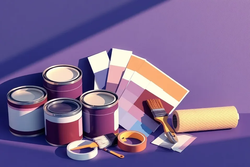 Pots de peinture, nuancier, brosses et rouleaux disposés à plat