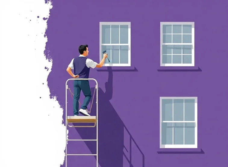 Peintre sur échafaudage traitant la façade d'une maison
