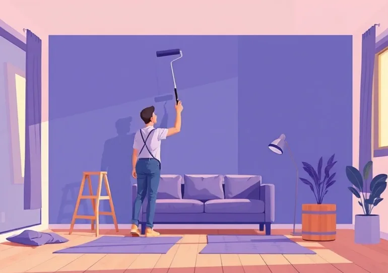 Peintre appliquant la peinture au rouleau sur un mur de salon
